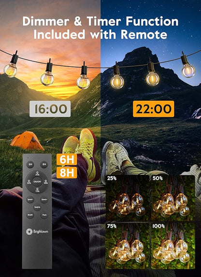 Brightown String Lights Outdoor 38Ft(28+10) with Remote Hooks and Clips, Patio String Lights for Outside with 17 Shatterproof Bulbs(2 Spare), Waterproof Dimmable Hanging Lights for Backyard Party Cafe