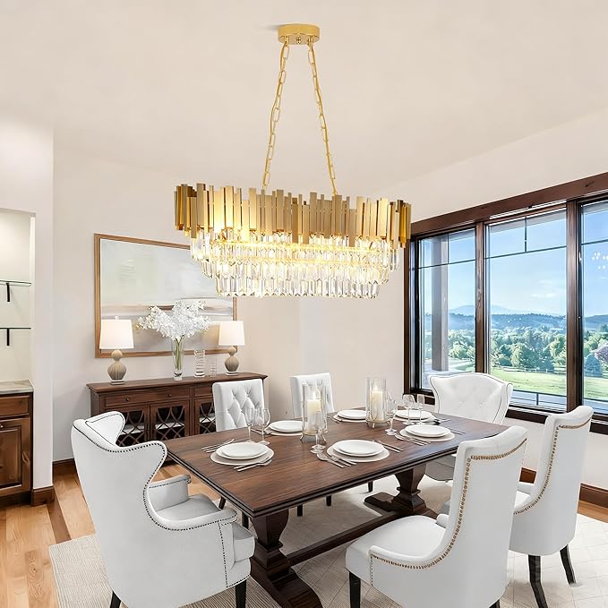 Modern Rectangular Chandelier Luxury Gold Crystal Chandelier,E12 Base Oval Contemporary Ceiling Hanging Light, Linear Ceiling Pendant Light for Living Room Dining Room Entryway L32in
