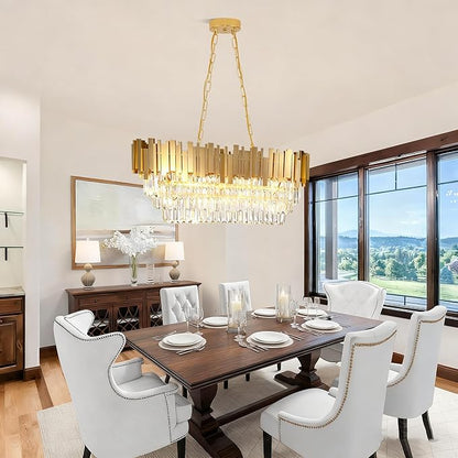 Modern Rectangular Chandelier Luxury Gold Crystal Chandelier,E12 Base Oval Contemporary Ceiling Hanging Light, Linear Ceiling Pendant Light for Living Room Dining Room Entryway L32in