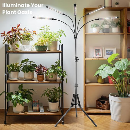 Garpsen Grow Lights for Indoor Plants, 5 Heads Full Spectrum Grow Light with Adjustable Tripod Stand, 100PCS LEDs Plant Light for Indoor Plants with 6/12/16H Timer and 3 Light Modes(No Clip)