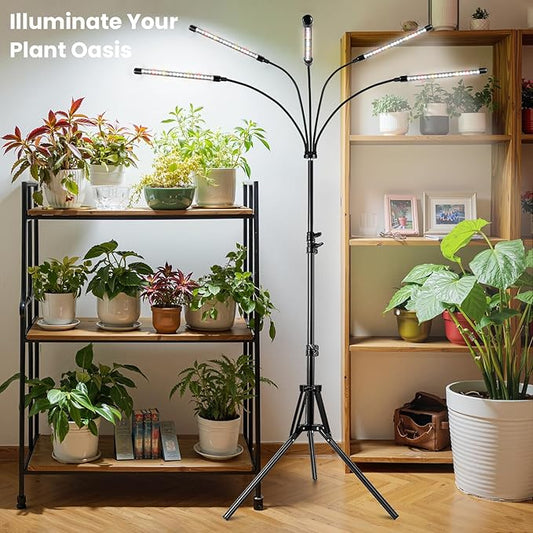 Garpsen Grow Lights for Indoor Plants, 5 Heads Full Spectrum Grow Light with Adjustable Tripod Stand, 100PCS LEDs Plant Light for Indoor Plants with 6/12/16H Timer and 3 Light Modes(No Clip)