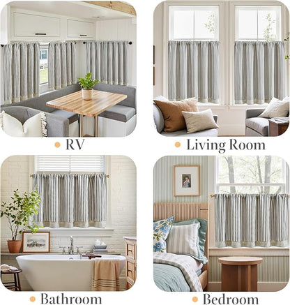 jinchan Double Layer Striped Linen Kitchen Tier Curtain Rustic Cafe for Living Room Bathroom Half Window Curtain Light Filtering Rod Pocket 1 Panel 24 Inch Charcoal Grey