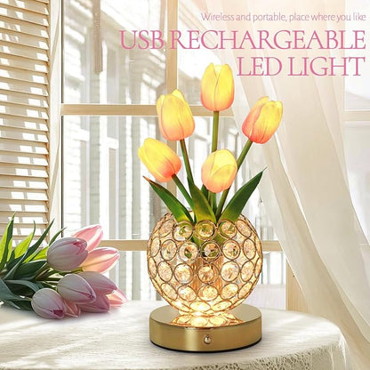 Tulip Table Lamp, Rechargeable Cordless Crystal Night Light, 3 Colors Touch Stepless Dimming Artificial Flower Light, LED Flower Bedside Lamp Romantic Gifts for Girl Women Mom (Tulip2 - Pink)