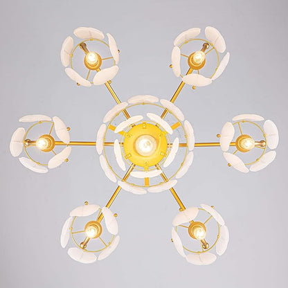 LumFurn D29inch Glass Chandelier, 7-Light Modern Pendant Light Fixture for Dining Room, Living Room, D29 x H27~72 inch Adjustable Height, Frosted Feather-Shaped Glass Shade & Brass Finish Frame