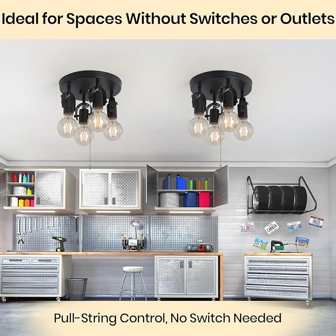 4 Light Flush Mount Ceiling Light with Pull Chain, Industrial Kitchen Ceiling Light with Rotatable Light Head,Black Pull Chain Ceiling Spotlight for Bedroom Hallway Kitchen Laundry