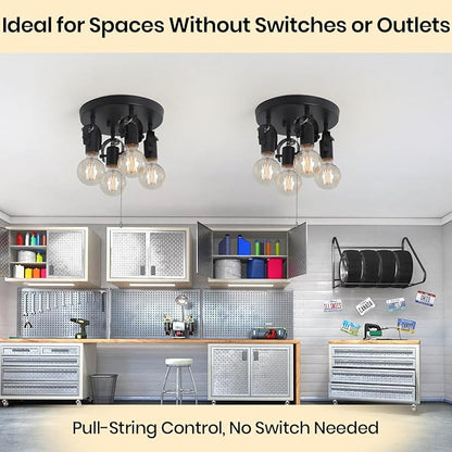 4 Light Flush Mount Ceiling Light with Pull Chain, Industrial Kitchen Ceiling Light with Rotatable Light Head,Black Pull Chain Ceiling Spotlight for Bedroom Hallway Kitchen Laundry