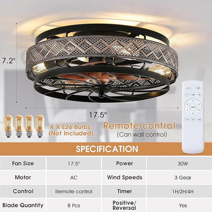SHIHOT 18" Low Profile Caged Ceiling Fans with Lights and Remote, Flush Mount Ceiling Fan with Light, Bedroom Fan, Small Industrial Black Ceiling Light Fixture, Reversible(Bulbs Not Included)