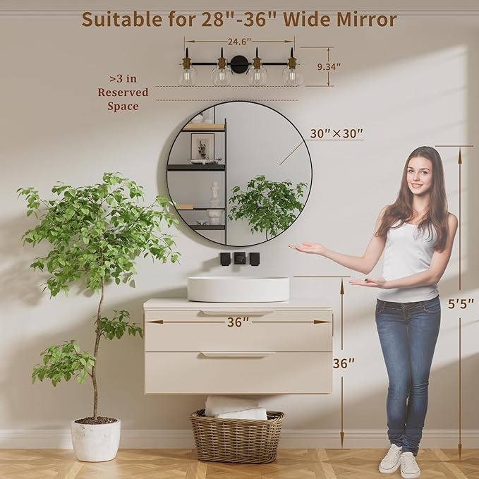 4 Light Bathroom Light, Brushed Gold and Black Vanity Lighting Fixtures, Bathroom Wall Mounted Sconces Vanity Lights Over Mirror with Globel Glass Shade, E26 Base