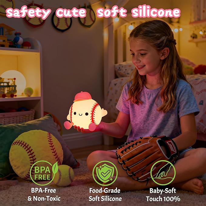 OkiyiD Softball Night Light, Cute Softball Gifts for Girls, Dimmable Rechargeable Silicone Touch Bedside Lamp for Girls Daughter Room Dorm Softball Fan Sporty Decor