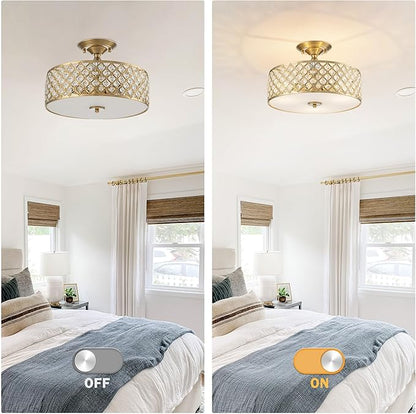 3-Light Gold Semi Flush Mount Ceiling Light Fixture,Modern Drum Crystal Metal Acrylic Round Close to Ceiling Light