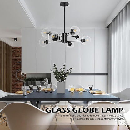 Bagood 8-Light Globe Sputnik Chandelier Mid Century Sputnik Chandeliers Modern Black Chandelier with Clear Globe Pendant Light Clear Glass Adjustable Hanging Ceiling Light for Living Dining Room