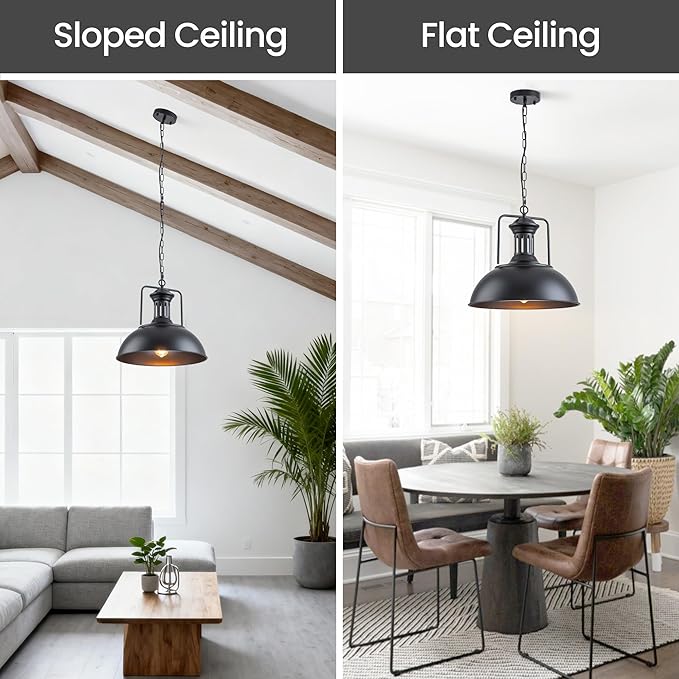 Industrial Dome Pendant Light Fixture, Farmhouse Barn Hanging Ceiling Lighting for Kitchen Island, Dining Room, Matte Black Metal