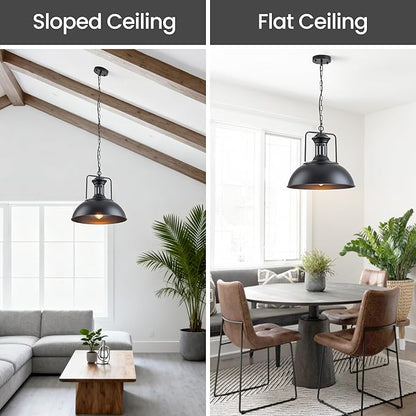 Industrial Dome Pendant Light Fixture, Farmhouse Barn Hanging Ceiling Lighting for Kitchen Island, Dining Room, Matte Black Metal