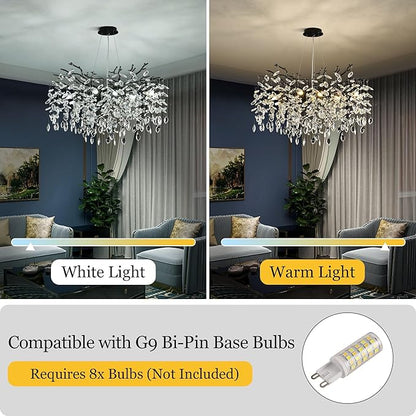 Modern Crystal Tree Branch Chandelier, Black Round Art Deco Pendant Light Raindrop Lighting Fixture for Dining Room Bedroom Foyer 8 Lights D23.7''