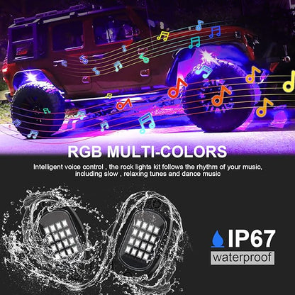 RGB LED Rock Lights for Trucks, 4 Pods Rock Lights with App/Remote Control/Music Mode, Multilcolor Neon Underglow Wheel Well Light for ATV Pickup Off Road RZR UTV Golf Car Trailer Boat