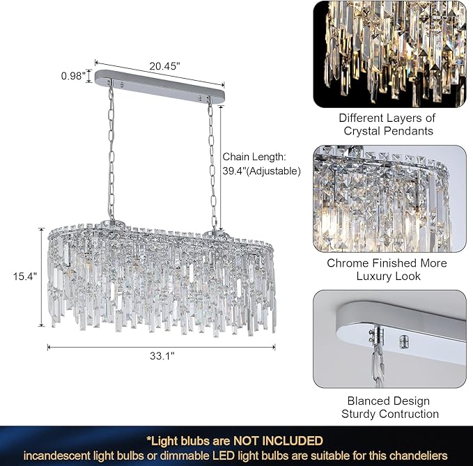 A AXILIXI Rectangular Crystal Chandelier for Dining Room Modern Chrome Chandelier Linear Rectangle Pendant Light Fixtures for Kitchen Island L33” K9 Luxury Long Chandelier for Living Room