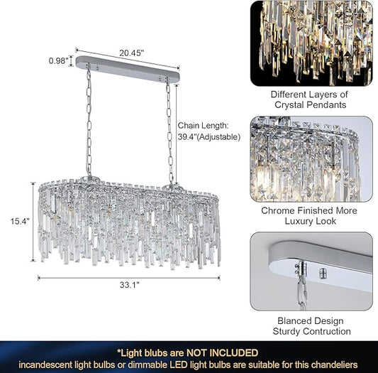 A AXILIXI Rectangular Crystal Chandelier for Dining Room Modern Chrome Chandelier Linear Rectangle Pendant Light Fixtures for Kitchen Island L33” K9 Luxury Long Chandelier for Living Room