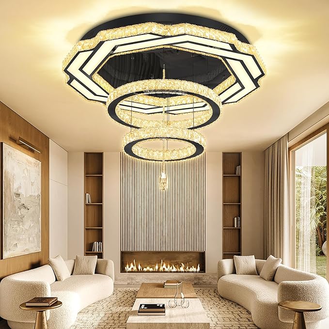Flashing God Large Chandelier Dia 40" Black Crystal Chandelier Flush Mount Ceiling Light for Bedroom Living Room Dining Room Hallway Dimmable 3 Rings LED Celing Lighting Fixtures