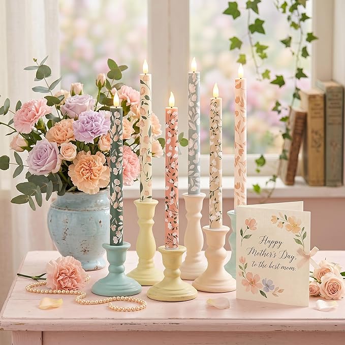 Honoson 6 Pcs Mother's Day Flameless Taper Candles 10.6 Inch Pastel Spring Flower Candles Battery Operated LED Candlesticks for Mother's Day Dinner Table Home Party Decor