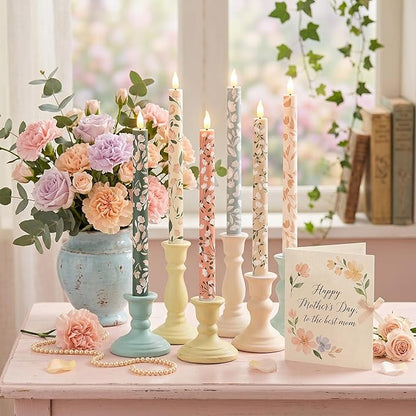 Honoson 6 Pcs Mother's Day Flameless Taper Candles 10.6 Inch Pastel Spring Flower Candles Battery Operated LED Candlesticks for Mother's Day Dinner Table Home Party Decor