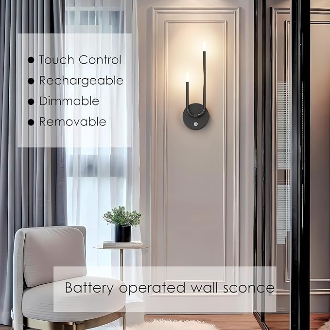 Aipsun Black Battery Operated Wall Sconce Set of 2, Modern LED Stepless Dimming Rechargeable Wall Sconce Indoor Wireless Wall Lights for Bedroom,Living Room,Hallway Warm Light 3000K