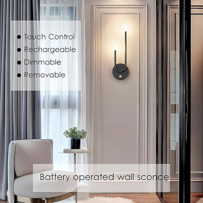 Aipsun Black Battery Operated Wall Sconce Set of 2, Modern LED Stepless Dimming Rechargeable Wall Sconce Indoor Wireless Wall Lights for Bedroom,Living Room,Hallway Warm Light 3000K