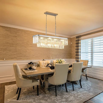 Modern Chrome Rectangle Chandelier L33.5” Luxury K9 Crystal Ceiling Pendant Light Fixture 11 Lights Rectangular Long Chandelier for Kitchen Island Dining Room Living Room Bar