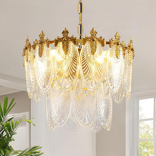 Antique Chandeliers 2-Layer Gold Crystal Glass Chandelier, 4-Light Round Pendant Light 17.7" Brushed Brass Adjustable Height, Applicable to Dining Room, Bedroom, Living Room, Foyer, Kitchen Island