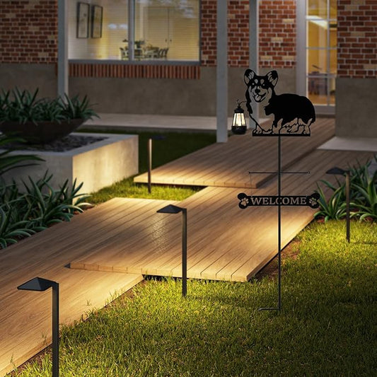 ANGELLOONG 51" Solar Corgi Silhouette Dog Welcome Sign with Lantern, Outdoor Decorative Corgi Gifts for Garden Yard Lawn Patio Pathway