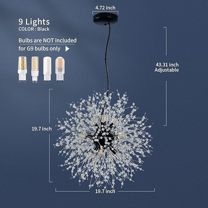 CM MZY Modern Crystal Chandeliers Firework, 9-Light Black Dandelion Sputnik Ceiling Light Fixtures, Sputnik Chandelier Pendant Light for Bedroom Living Room Dining Room Kitchen Island Hallway