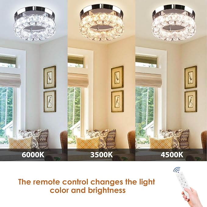Dimmable Modern Crystal Chandeliers Round LED Ceiling Light with Remote Flush Mount Small Chandelier for Hallway Foyer Kitchen,Stair,Closet,3 Colors Adjustable,Memory Function