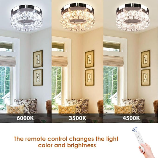 Dimmable Modern Crystal Chandeliers Round LED Ceiling Light with Remote Flush Mount Small Chandelier for Hallway Foyer Kitchen,Stair,Closet,3 Colors Adjustable,Memory Function