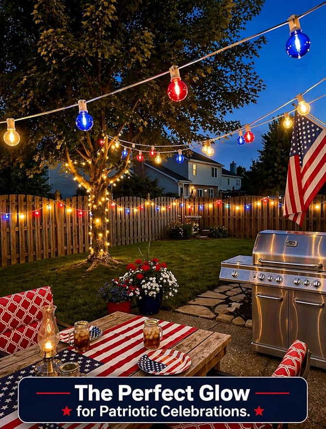 4th of July String Lights, 25FT Outdoor Patio Lights with 27 LED G40 Red White Blue Bulbs (2 Spare), Waterproof Connectable Lights for Patriotic Party Garden Decor