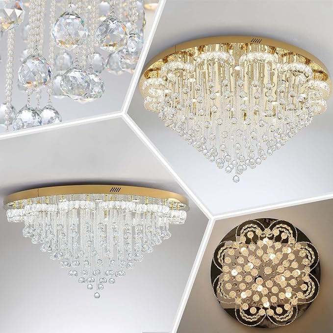 Flashing God 48inches Gold Crystal Chanderliers for Living Room Entryway Modern Crystal Folwer Ceiling Light for Foyer Interior LED Dimmable Lighting 2700k 4500k 6000k