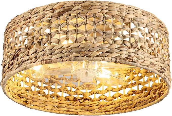 Handwoven Boho Ceiling Fan with Light,Rattan Caged Ceiling Fans with Lights and Remote Control Flush Mount Low Profile Enclosed 6 Speeds Fandelier for Bedroom,Living Room,Dining Room,4-Light