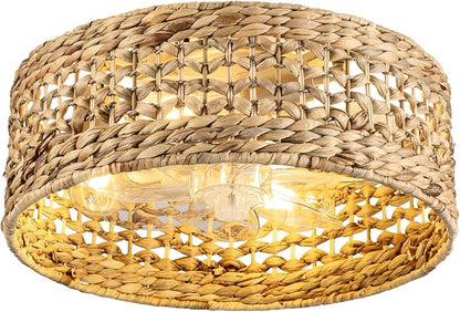 Handwoven Boho Ceiling Fan with Light,Rattan Caged Ceiling Fans with Lights and Remote Control Flush Mount Low Profile Enclosed 6 Speeds Fandelier for Bedroom,Living Room,Dining Room,4-Light