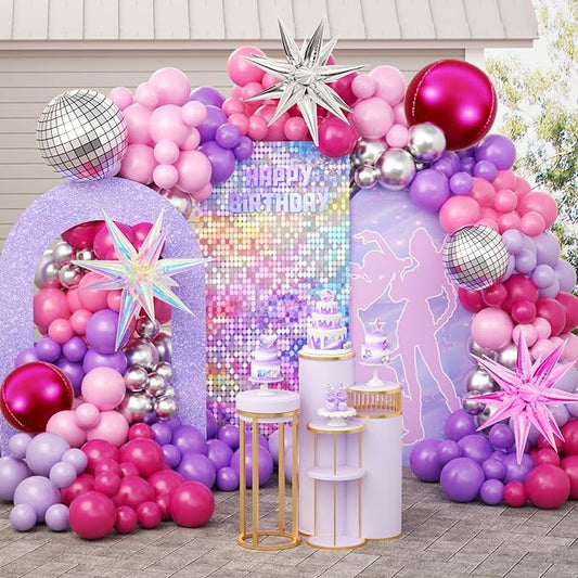 JOGAMS 172Pcs K-Pop Music Balloon Arch Kit, Metallic Silver Purple Pink Balloons Garland with Iridescent Star Disco Foils Balloons for Concert-Style Birthday Idol Showcase Fan Support Party Decor