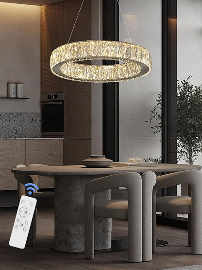 Modern LED 23.6" Ring Chandelier for Dining Room Living Room Dimmable Crystal Pendant Light Adjustable Round Chrome Crystal Chandelier
