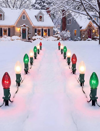 25Ft C9 Christmas Multicolor String Lights, Vintage Christmas Lights with 27 C9 Clear Red/Green/Frosted White Bulbs, Outdoor Hanging Patio Lights for Xmas Tree Path Roofline Wedding Party Decoration