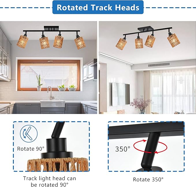 MELUCEE 4 Light Track Lighting Kit Farmhouse Bathroom Light Fixtures Black Ceiling Spotlight Fixture with Rattan Lamp Shade for Hallway Porch Foyer Bath Storage