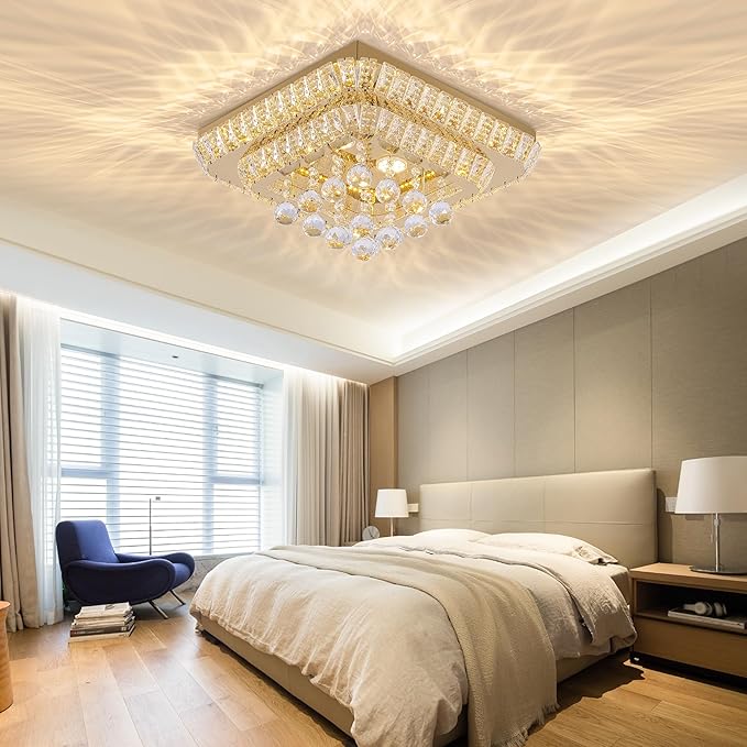 18 inch Crystal Flush Mount Gold Chandelier Remote/APP, Modern Raindrop LED Ceiling Light, 3CCT Dimmable & Brightness Adjustable,Elegant Chandeliers for Bedroom Hallway Dinning Room Living Room