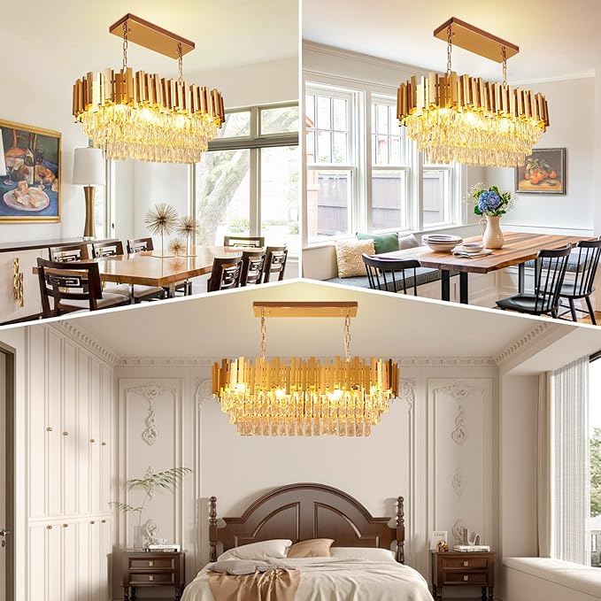 Depuley 31" Crystal Rectangle Chandelier: 3-Tier Gold Glass Crystal Chandelier Island Light Fixtures for Dining Room - 8-Light Linear Pendant Light for Kitchen Island Included Bulbs