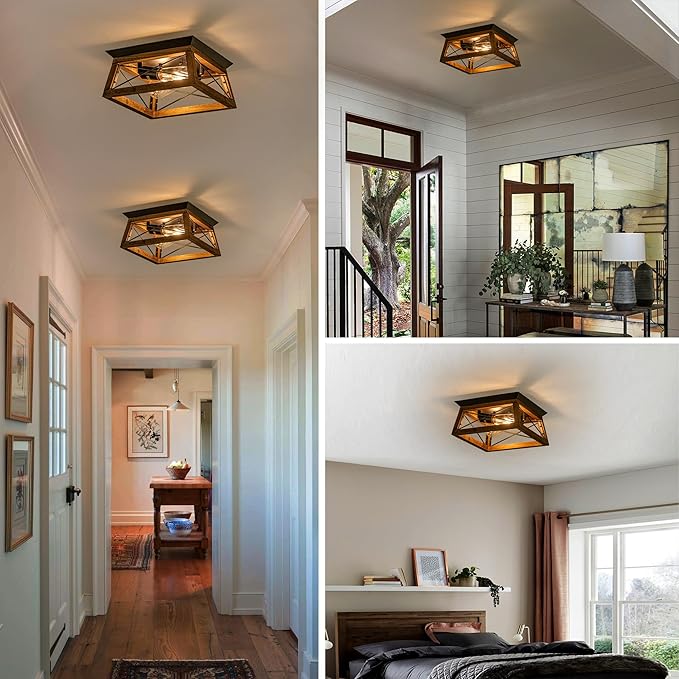 Rpzloila Farmhouse Ceiling Light, 2-Light Flush Mount Light Fixture with Metal and Wood Design, Rustic Light Fixture for Kitchen, Entryway, Hallway, Bedroom