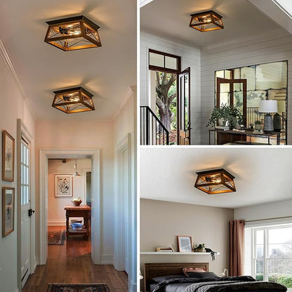 Rpzloila Farmhouse Ceiling Light, 2-Light Flush Mount Light Fixture with Metal and Wood Design, Rustic Light Fixture for Kitchen, Entryway, Hallway, Bedroom