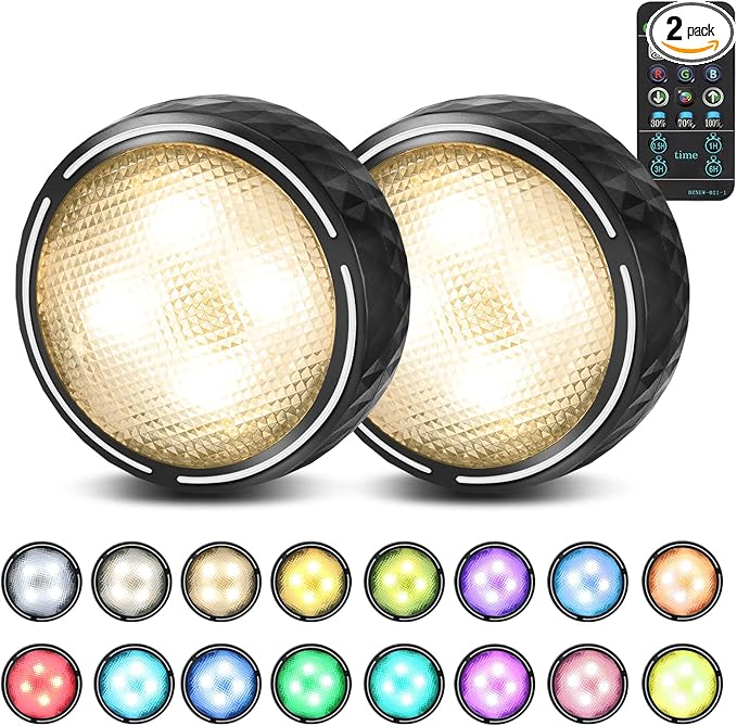 Onumii Battery Operated Under Cabinet Lighting with Remote, Wireless LED Puck Lights Color Changing with Timer, Stick On Closet Lights for Kitchen Cabinets Shelf Display - 2 Pack Black