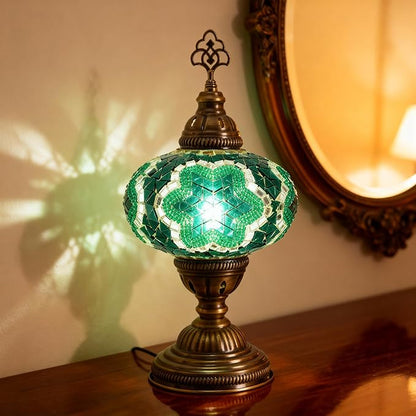Turkish Mosaic Table Lamp with Bulb – Handmade Turquoise-Teal Stained Glass Light, Vintage Bohemian Bedroom & Living Room Decor, E12 Socket & US Plug