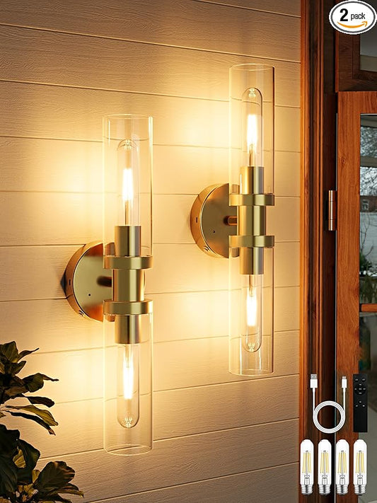 Rayogale Battery Operated Wall Sconces Set of 2, Rechargeable Wireless Wall Lights Remote Control, 10000mAh Not Hardwired Timer Dimmable Wall Lamps for Living Room Bedroom Entryway Gold 16.5 Inch