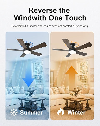 42 Inch Ceiling Fans with Lights, Smart Ceiling Fan with Alexa Google App, Black Ceiling Fan with RGB Lights Remote, 6 Speeds Reversible DC Motor, Modern Flush Mount for Bedroom Living Room