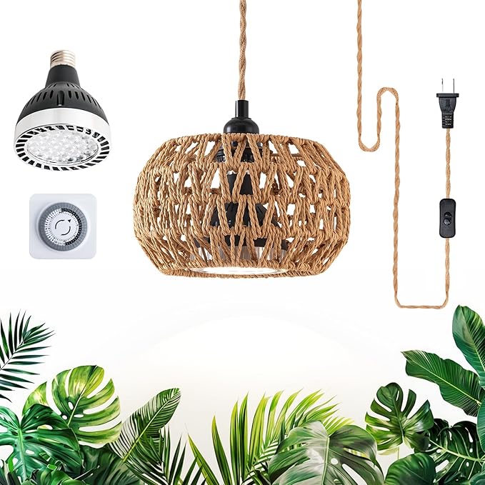 Grow Lights for Indoor Plants, Full Spectrum Plant Light, with Timer and 15FT Power Cord, 30W Pendant Plant Lights for Indoor Growing, Garden, Flowers, Greenhouse (4000-K, Weaving Style-7)