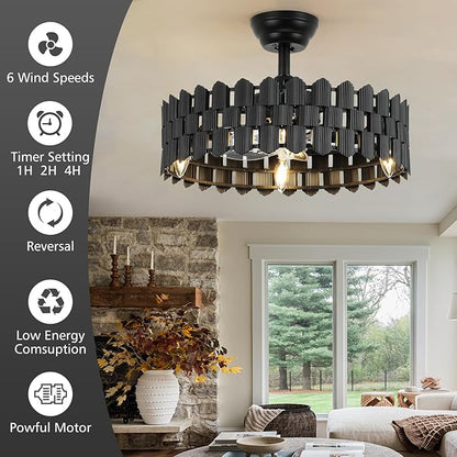 20 Inch Black Caged Ceiling Fan, Black Fandelier Ceiling Fan with Light with 6-Speed Motor, Ceiling Fans with Lights and Remote for Bedroom, Living Room, Dining Room